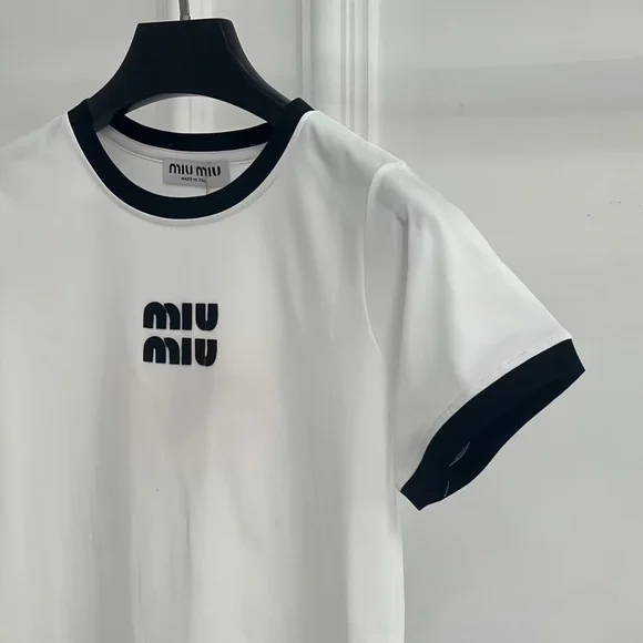 Miu Miu White Flocked Logo Short-Sleeve T-Shirt, - Picture 4 of 5